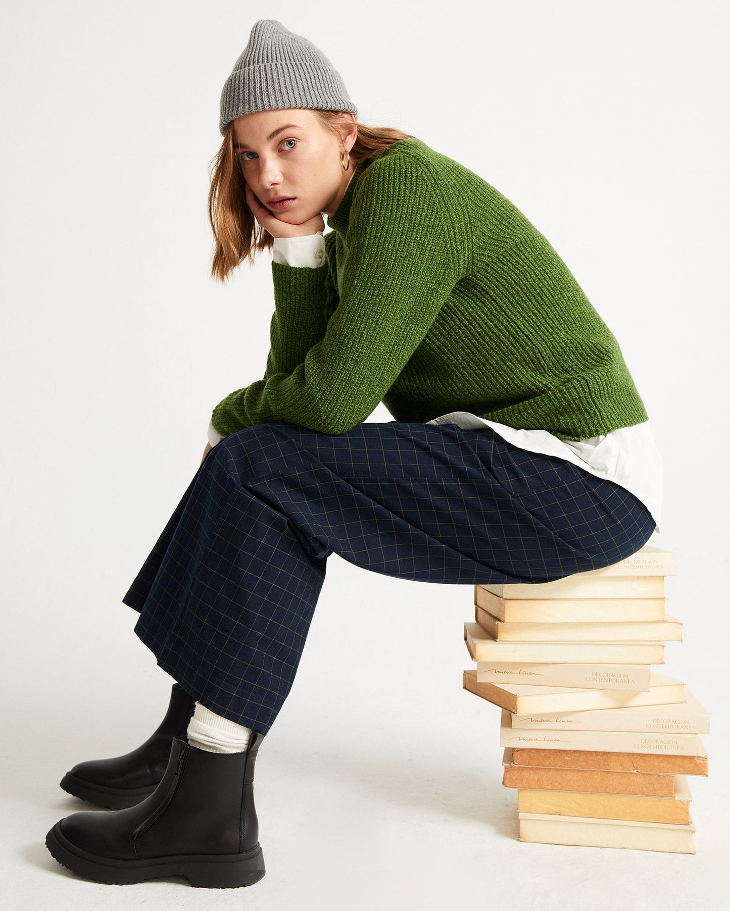 Pantalon large à carreaux marine en coton bio - MAIA NAVY CHECKS