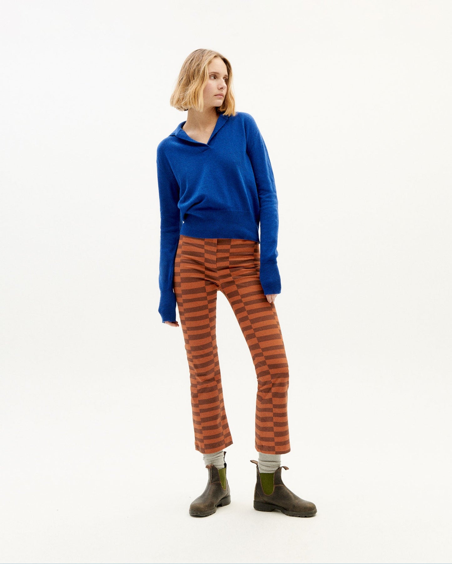 Pantalon flare bicolore en coton bio - tipsy orange macius pants - clay red
