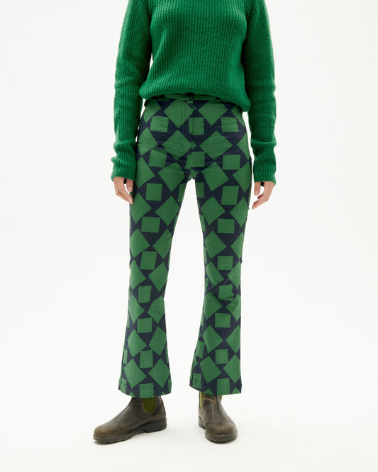 Pantalon flare bicolore à motifs en coton bio - squares green macius pants