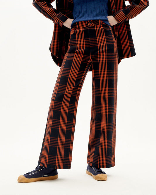 Pantalon ample noir et orange en coton bio -  thick checks coral pants orange
