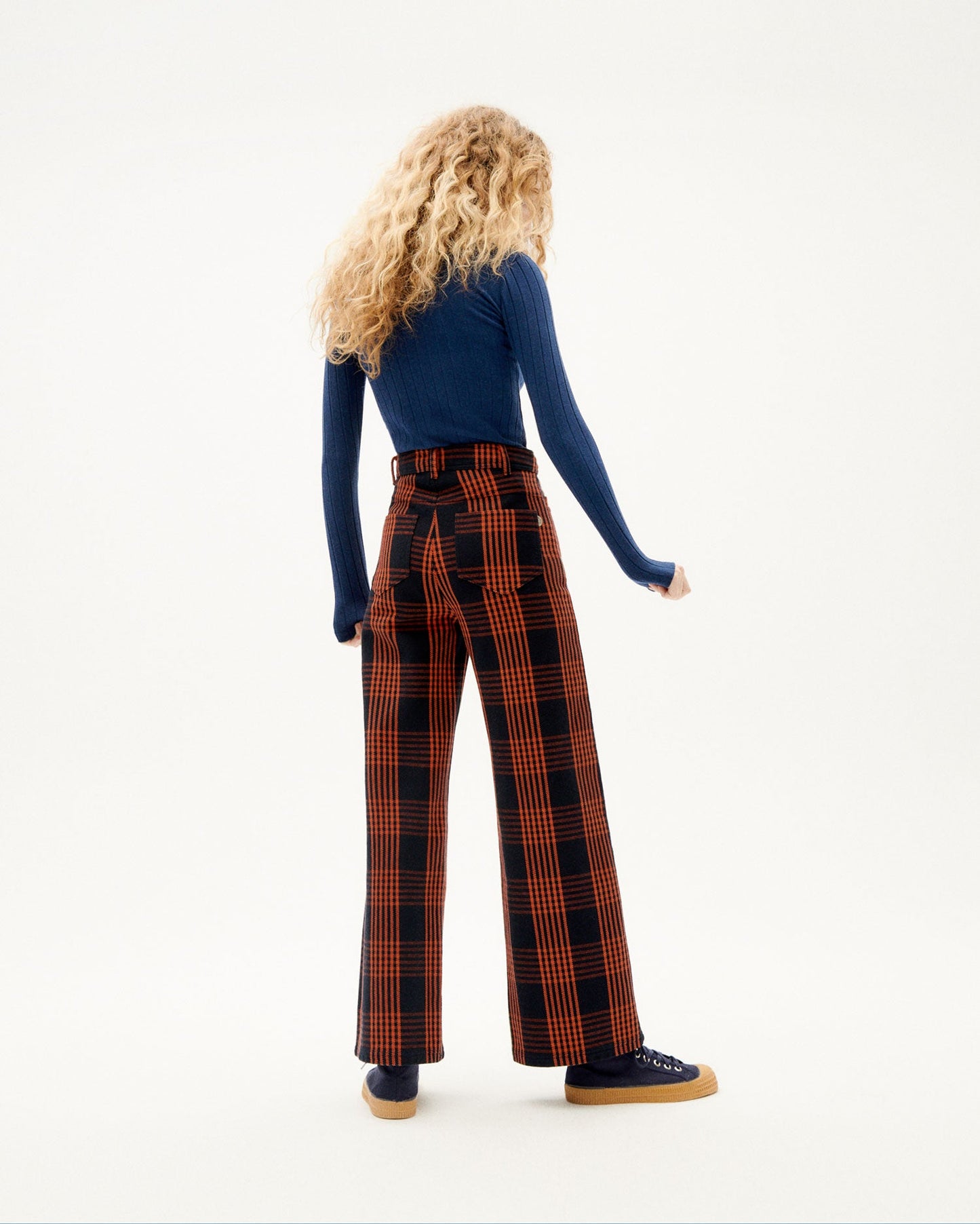 Pantalon ample noir et orange en coton bio -  thick checks coral pants orange