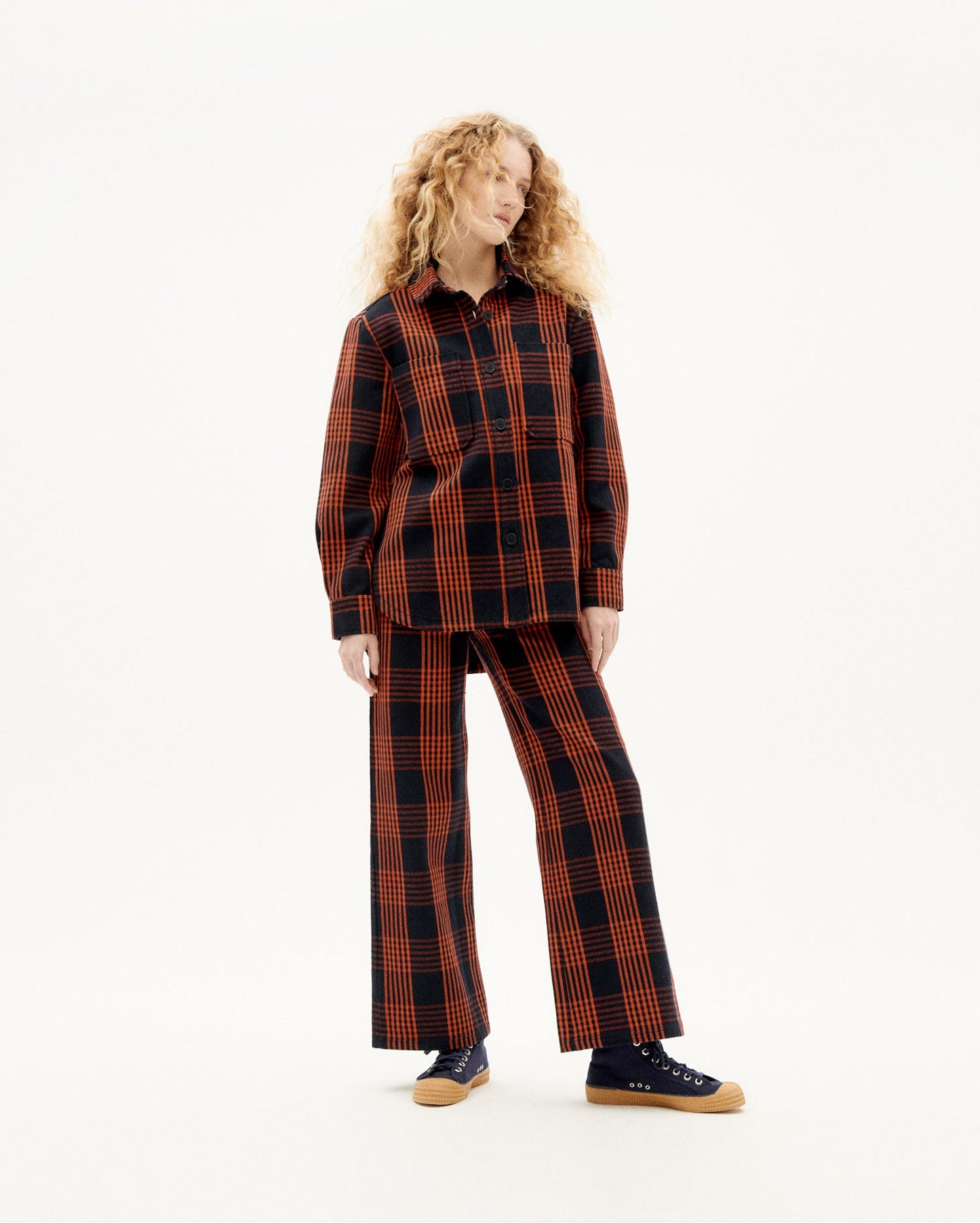 Pantalon ample noir et orange en coton bio -  thick checks coral pants orange