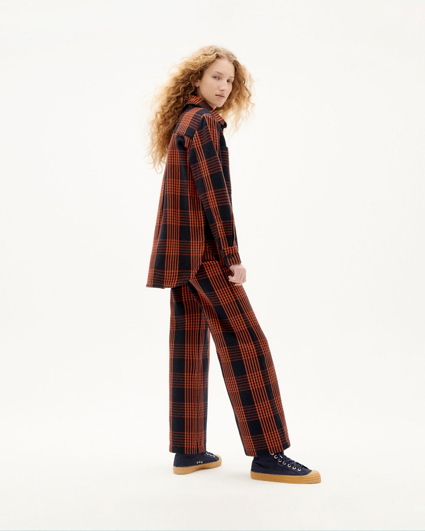 Pantalon ample noir et orange en coton bio -  thick checks coral pants orange