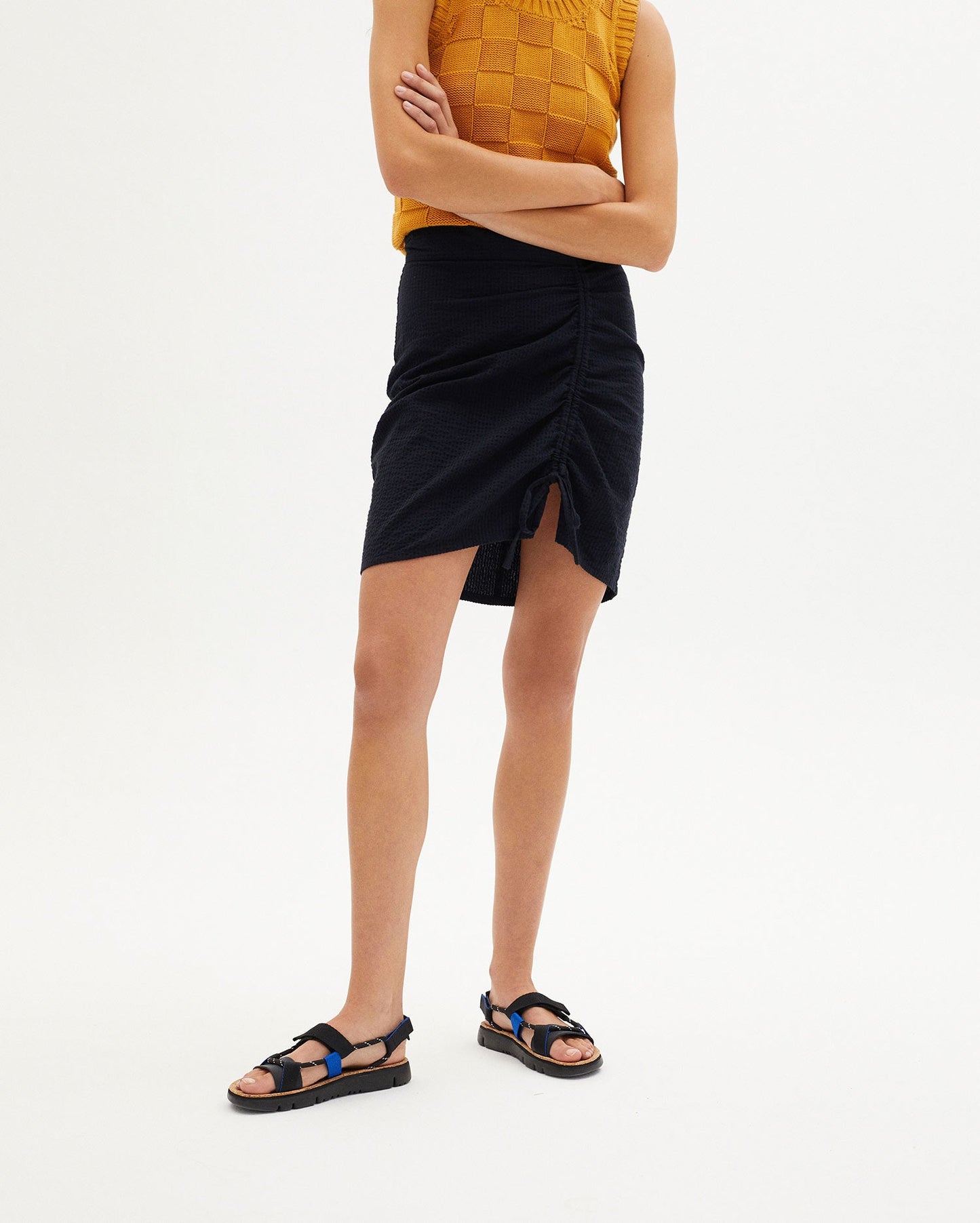 Jupe bicolore à fente en coton bio - DARK SEERSUCKER RACHEL SKIRT navy