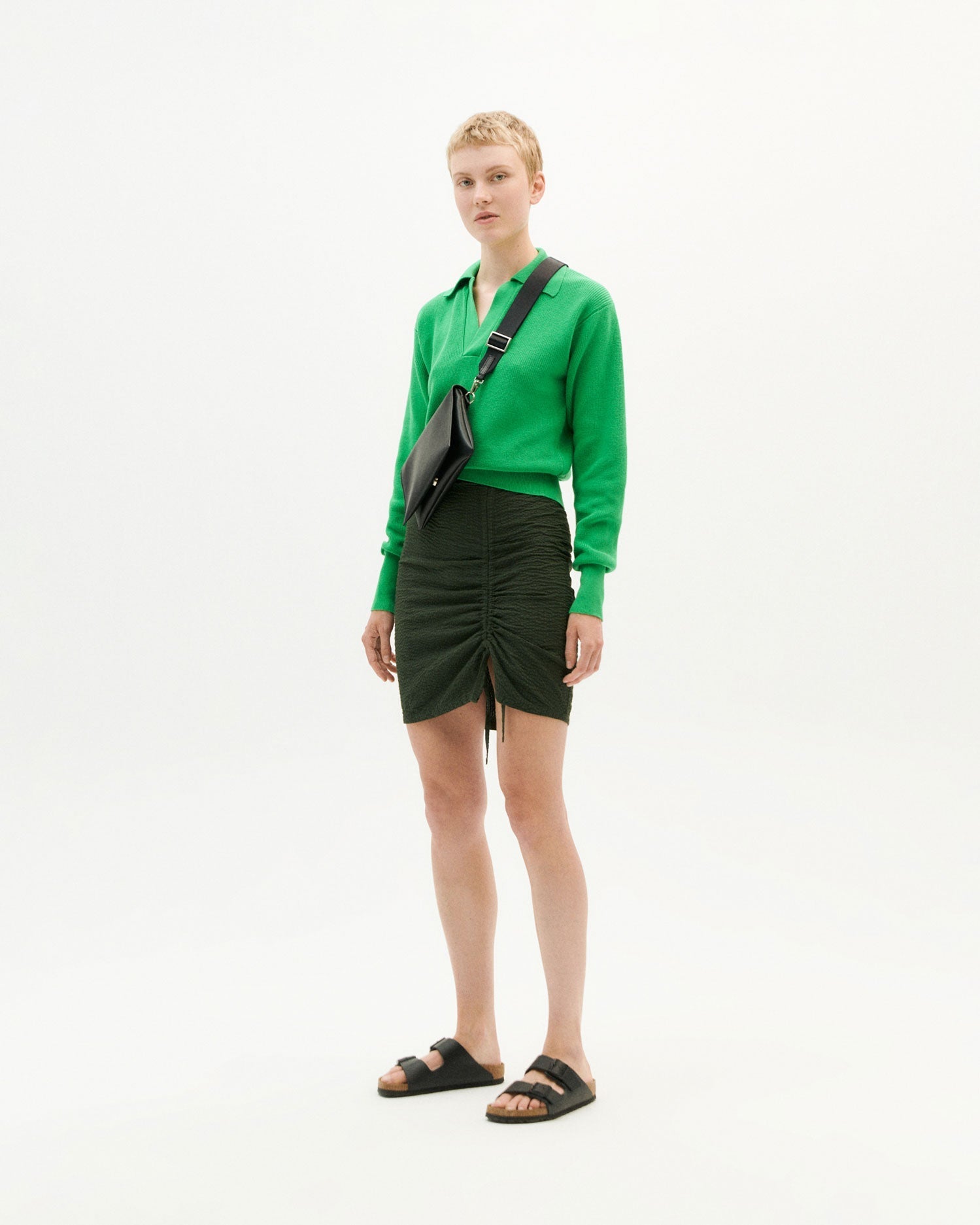 Jupe verte forêt à fente en coton bio - green seersucker rachel skirt