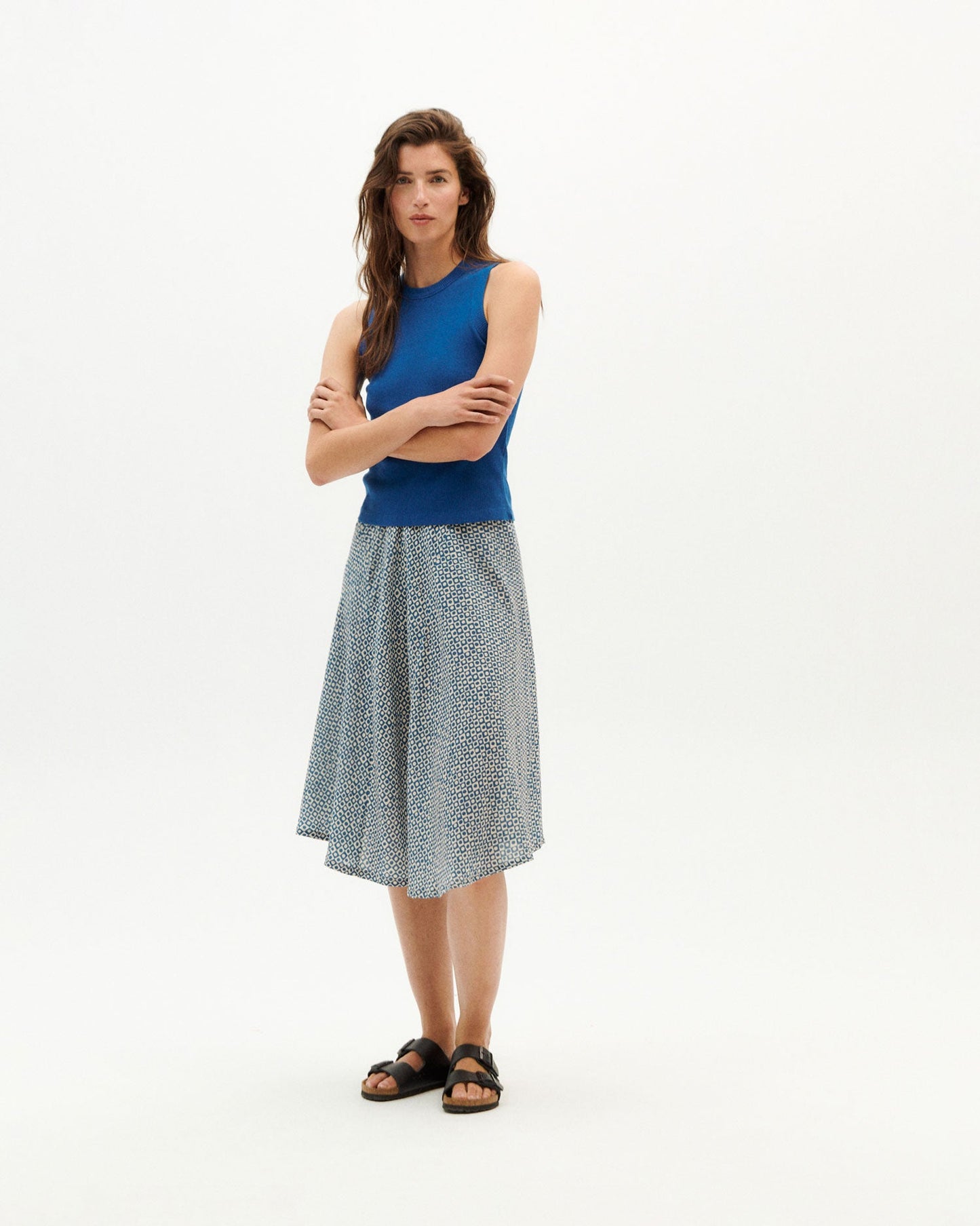 Jupe mi-longue bleue à motifs en ecovero - blue small spots amelie skirt
