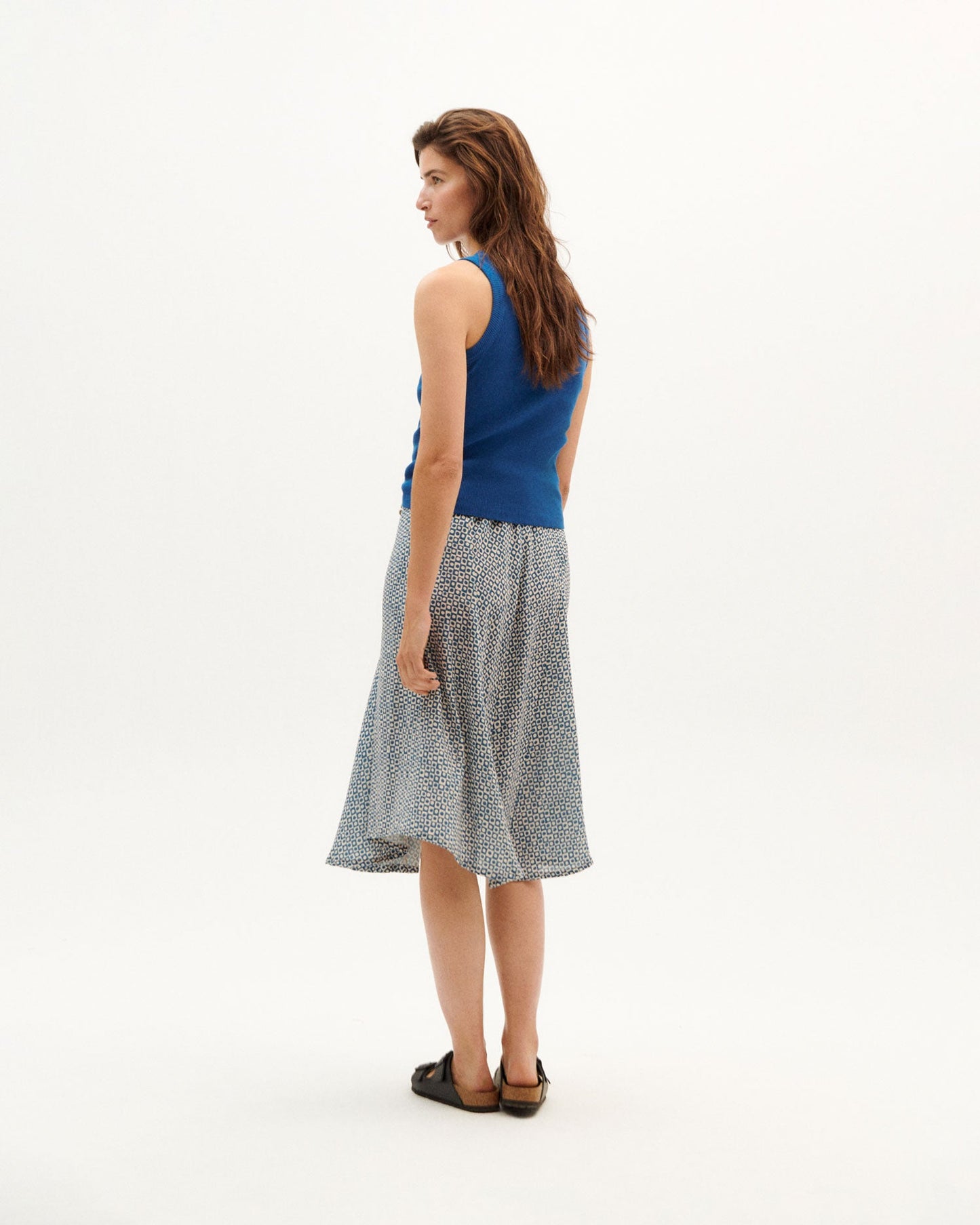 Jupe mi-longue bleue à motifs en ecovero - blue small spots amelie skirt