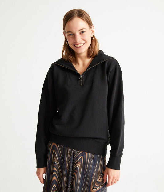 Sweat camionneur col zippé noir en coton biologique - REBECA black