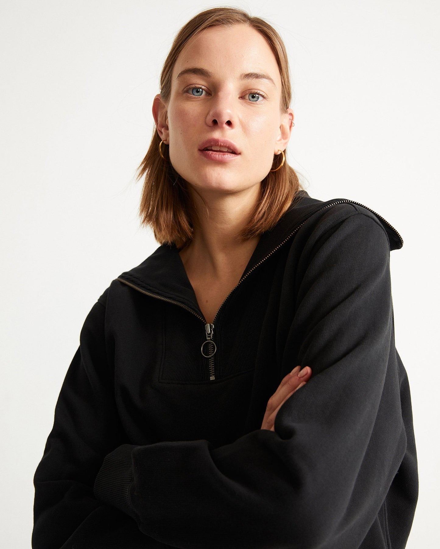 Sweat camionneur col zippé noir en coton biologique - REBECA black