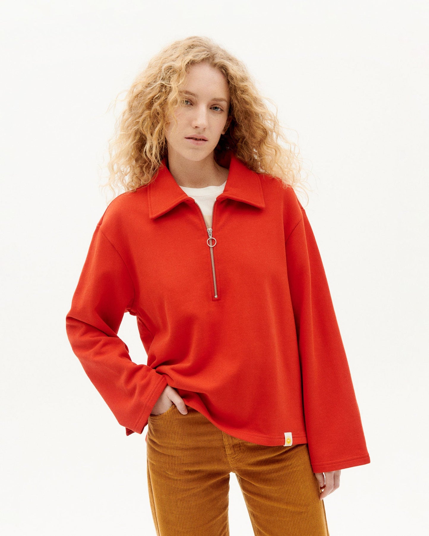 Sweat ample col zippé rouge en coton bio - lava red chelsea