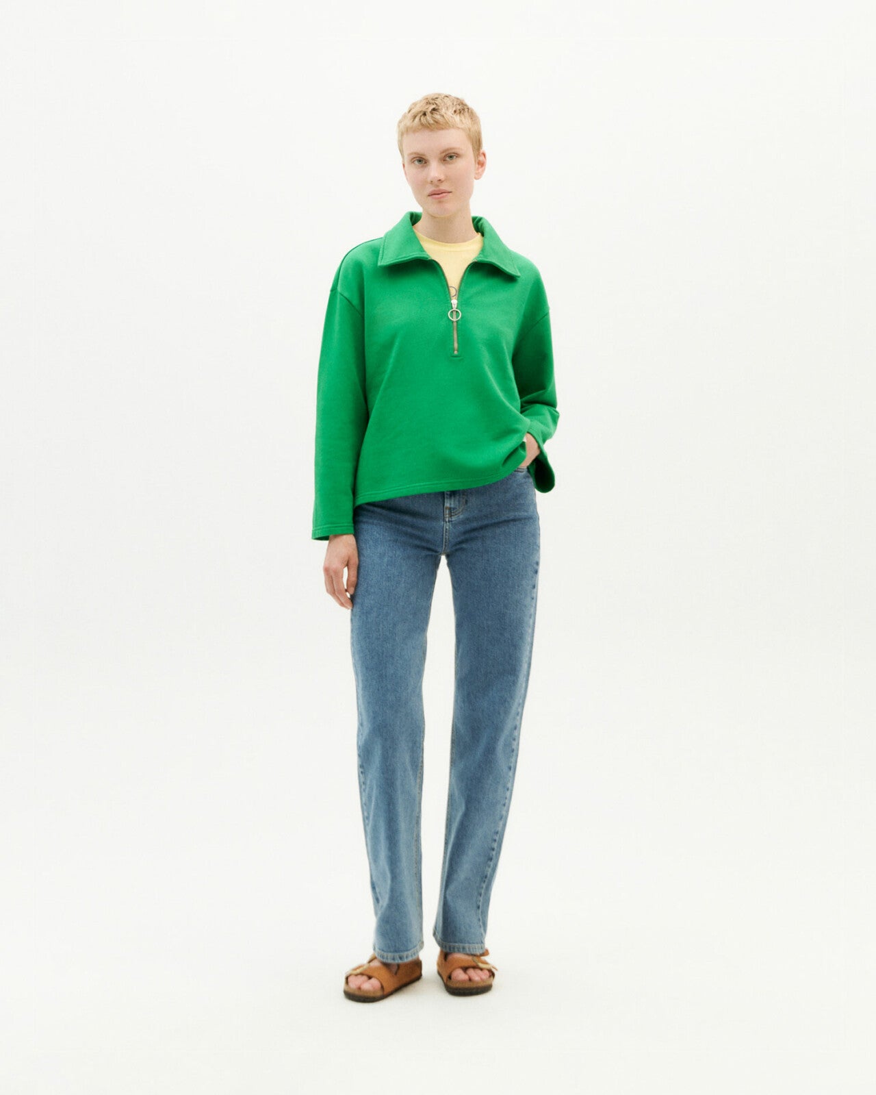 Sweat col zippé vert en coton bio - clover green chelsea sweatshirt