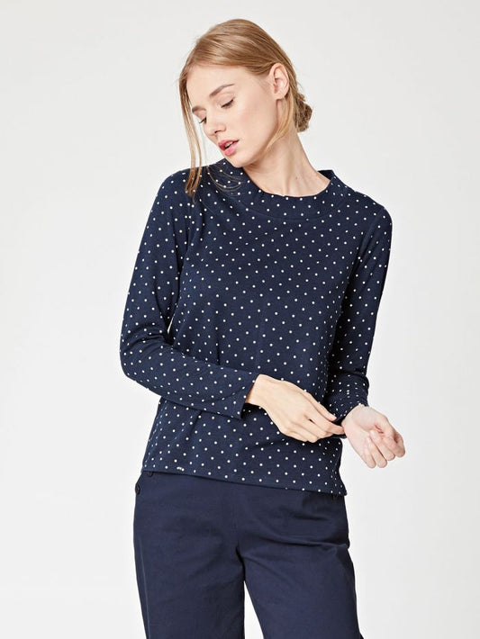 Top marine à pois en coton