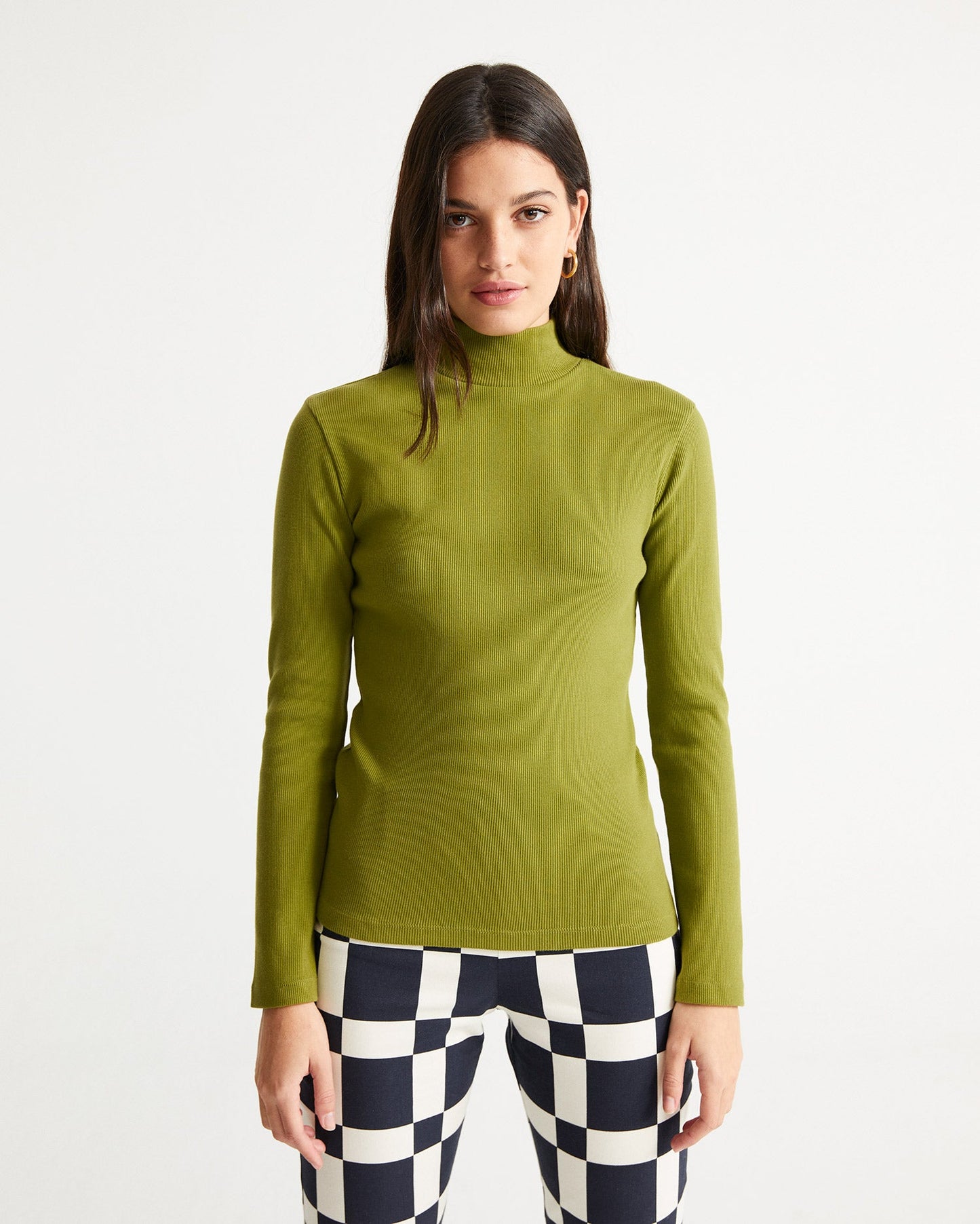 Pull col montant vert en coton bio - rib aine parrot green