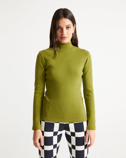 Pull col montant vert en coton bio - rib aine parrot green
