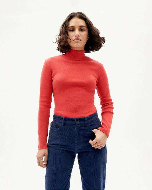 Pull col montant rouge en coton bio - lava red rib aine