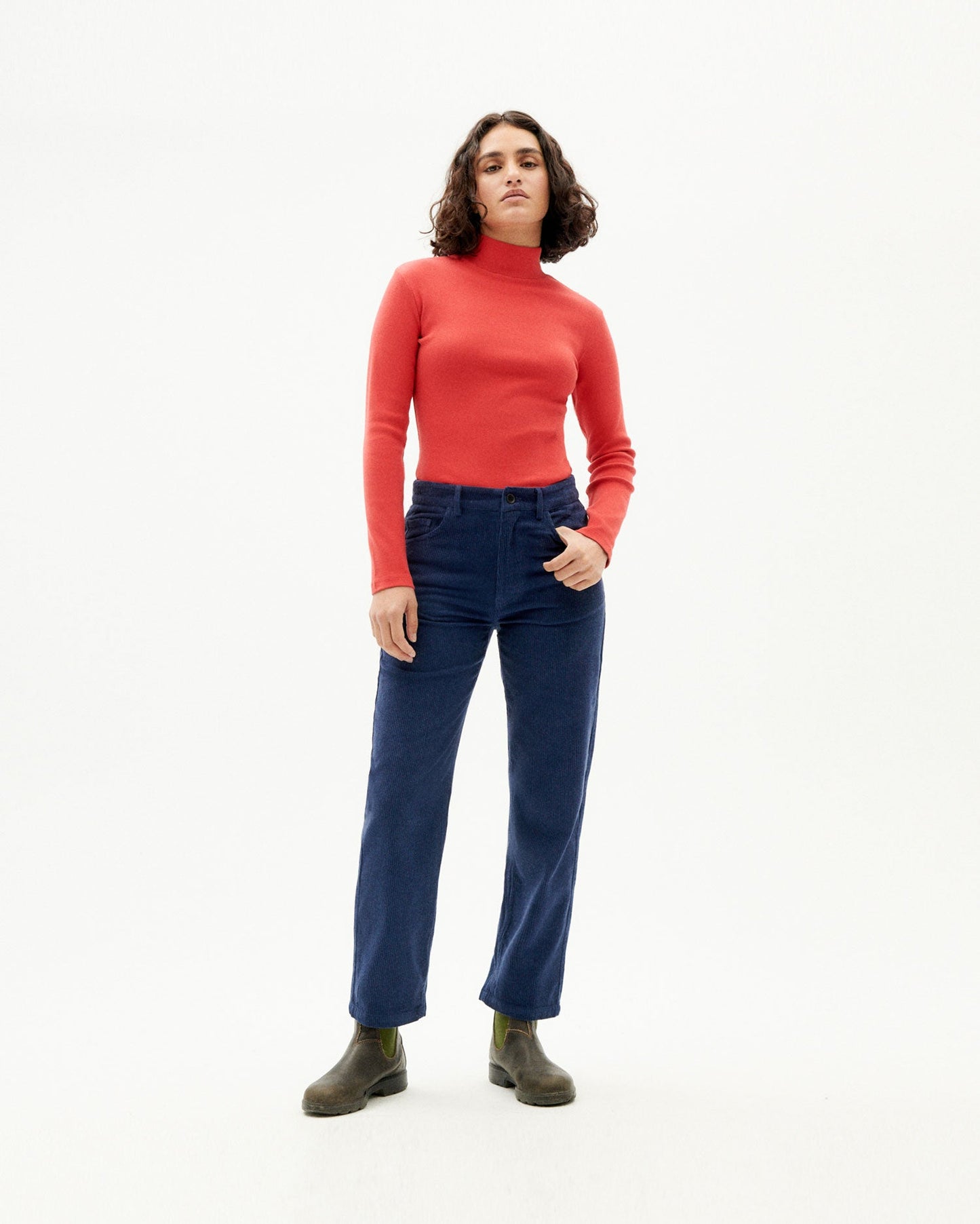 Pull col montant rouge en coton bio - lava red rib aine