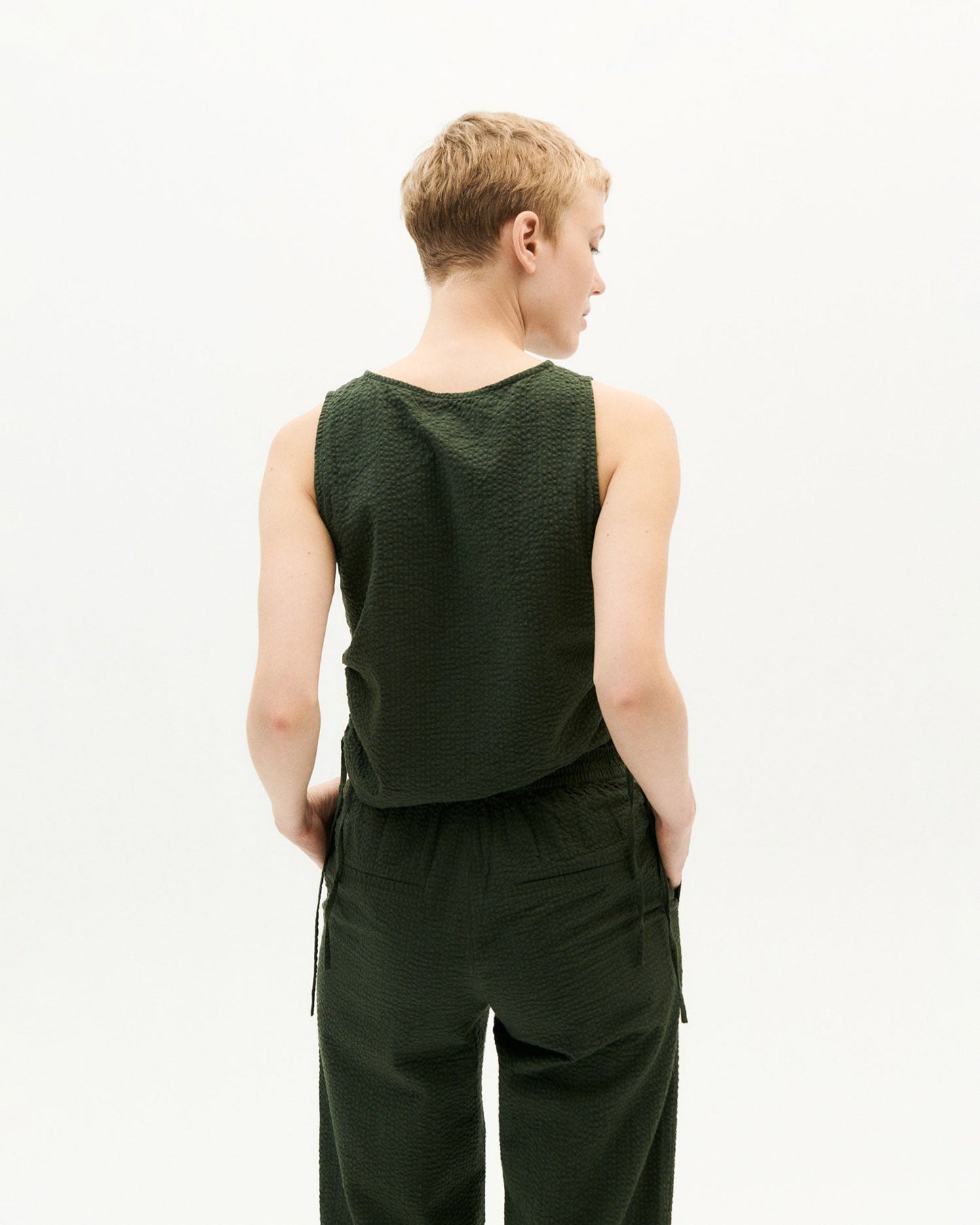 Top vert forêt seersucker en coton bio - green seersucker florence top