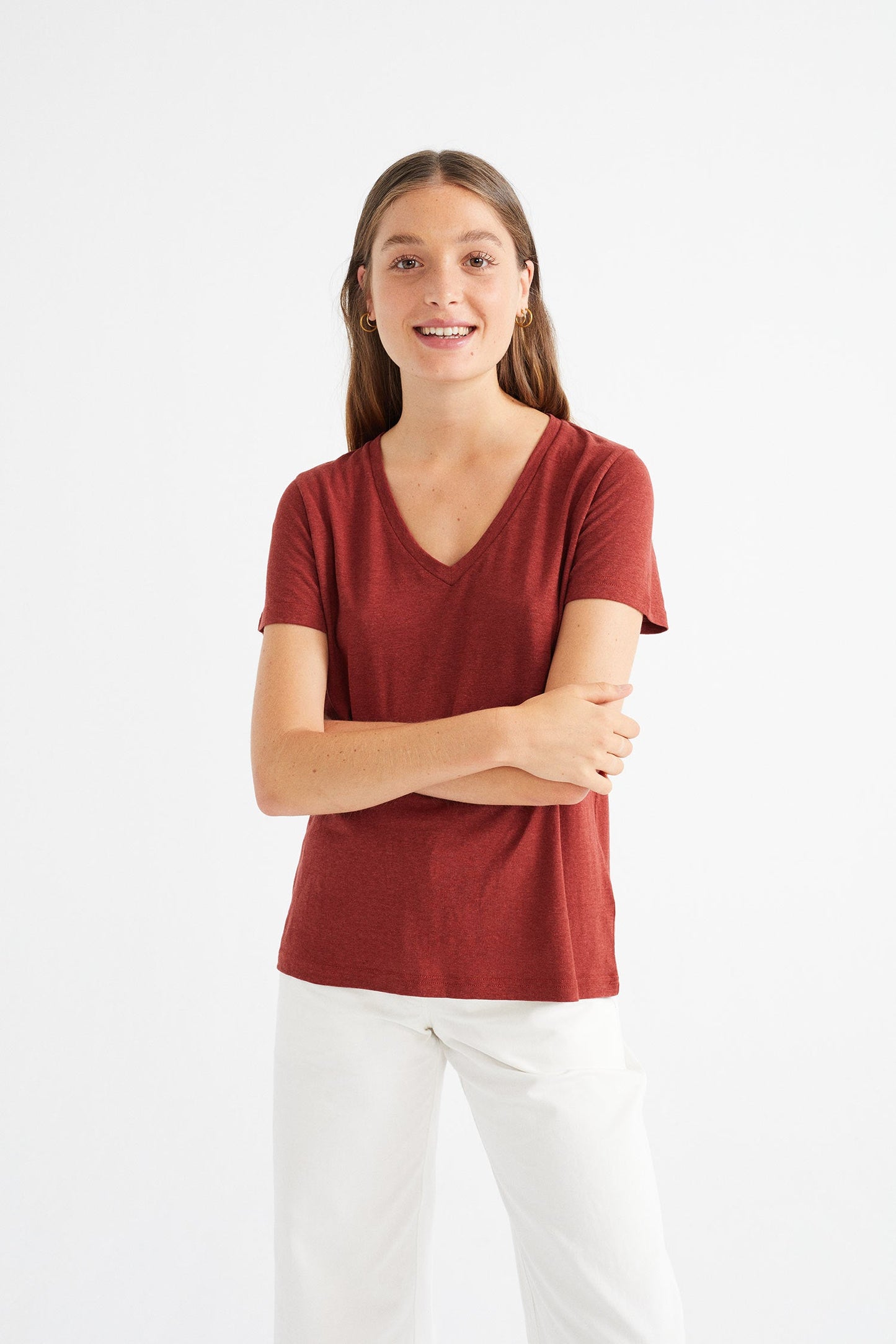 T-shirt à col V rouge en chanvre et coton bio - Hemp clavel