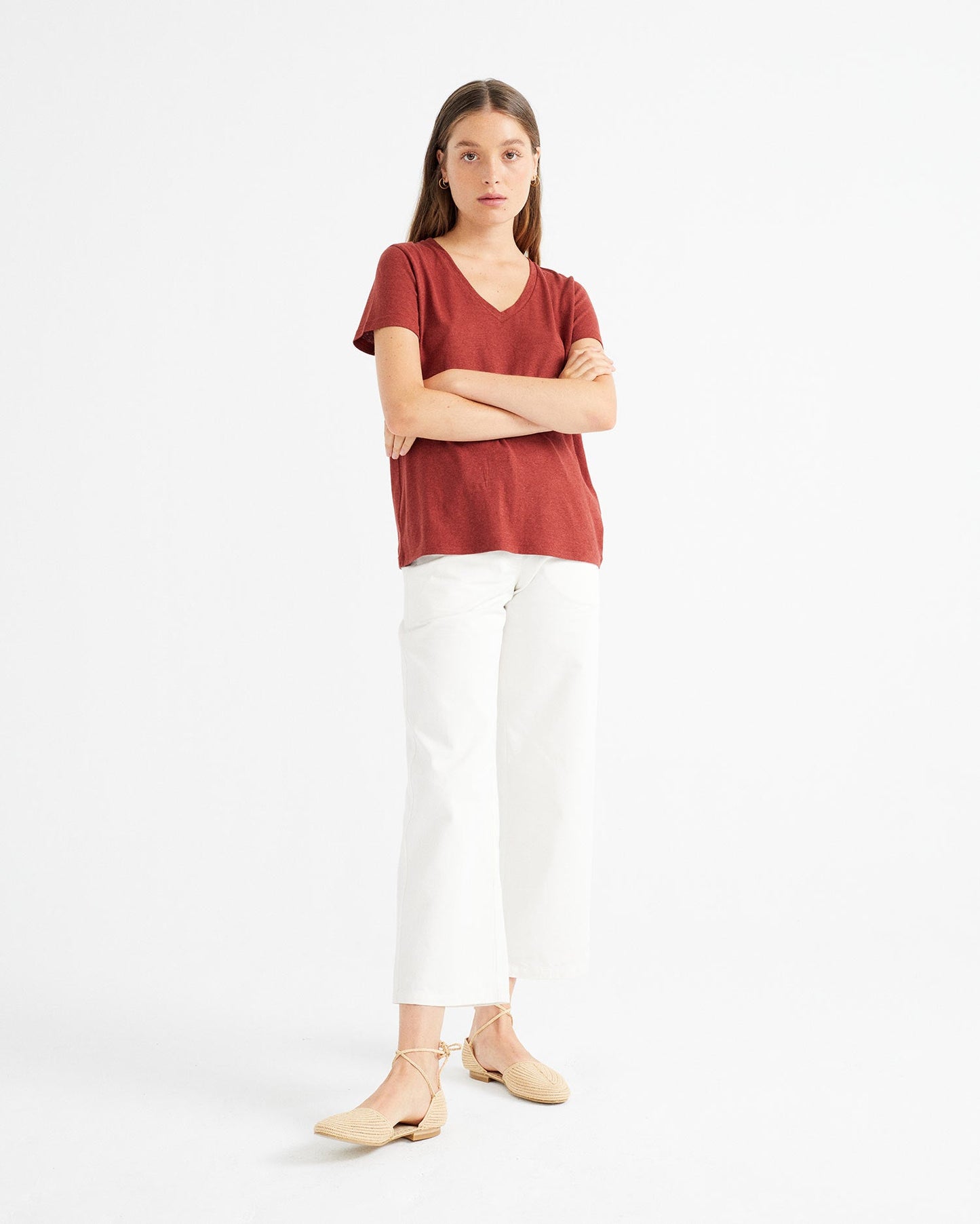 T-shirt à col V rouge en chanvre et coton bio - Hemp clavel