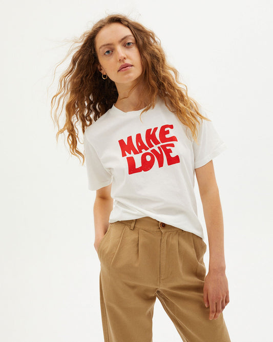 T-shirt blanc imprimé en coton bio - MAKE LOVE T-SHIRT snow white