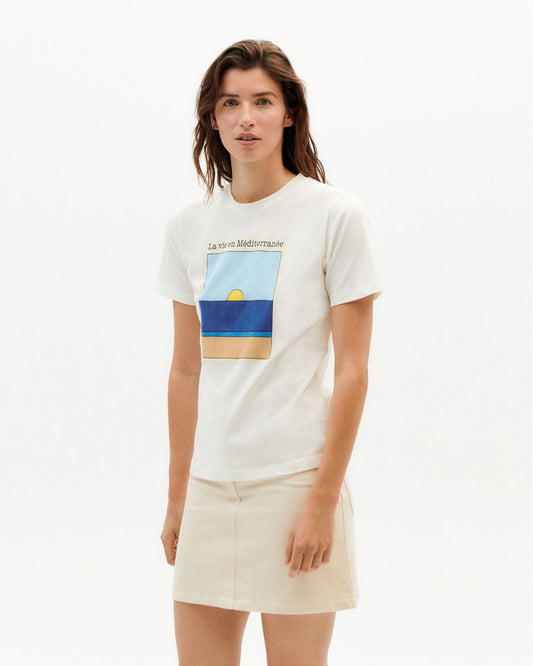 T-shirt blanc imprimé paysage en coton bio - la vie t-shirt snow white