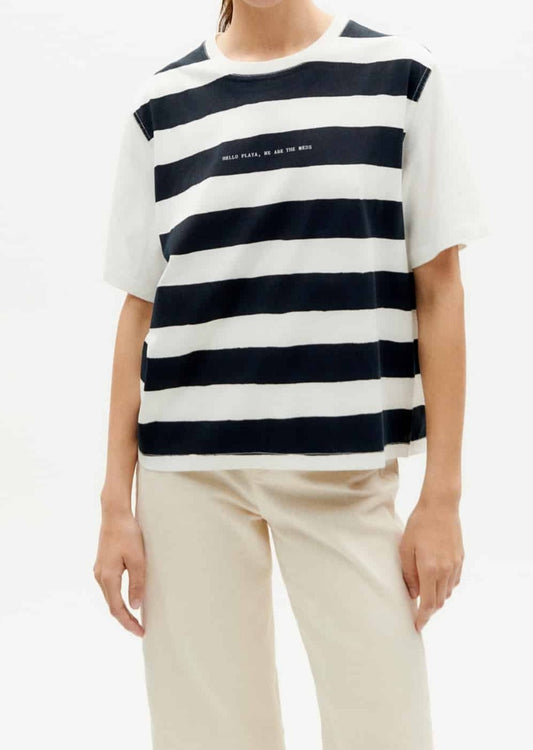 T-shirt en coton bio | Rayé blanc et bleu "hello playa lucia t-shirt snow white"