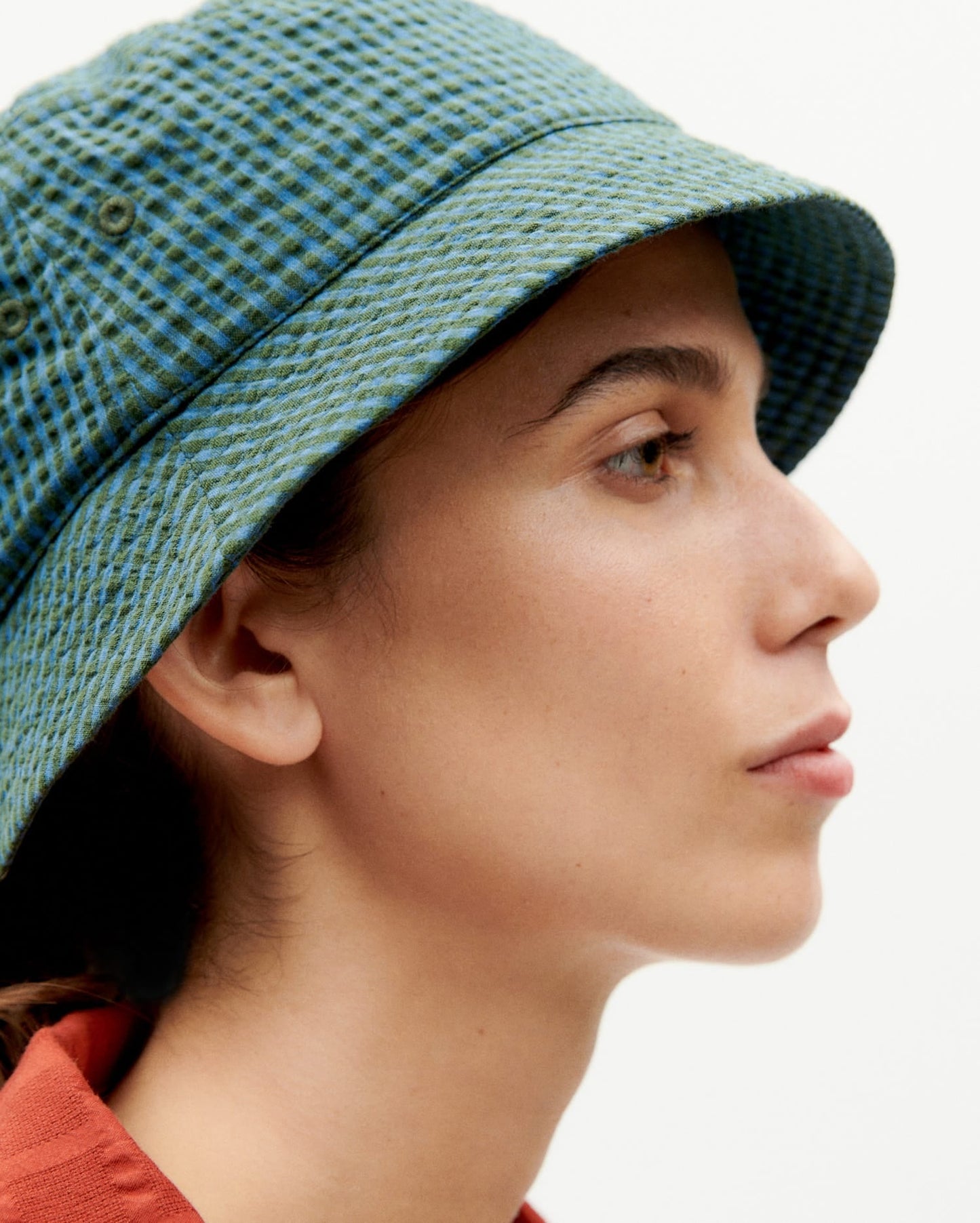 Bob en coton bio | Vert à motifs "bottle green checks seersucker yelle hat"
