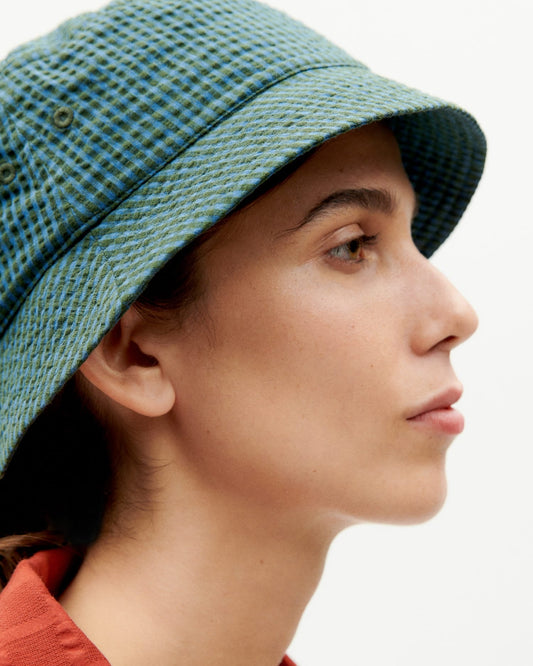 Bob en coton bio | Vert à motifs "bottle green checks seersucker yelle hat"