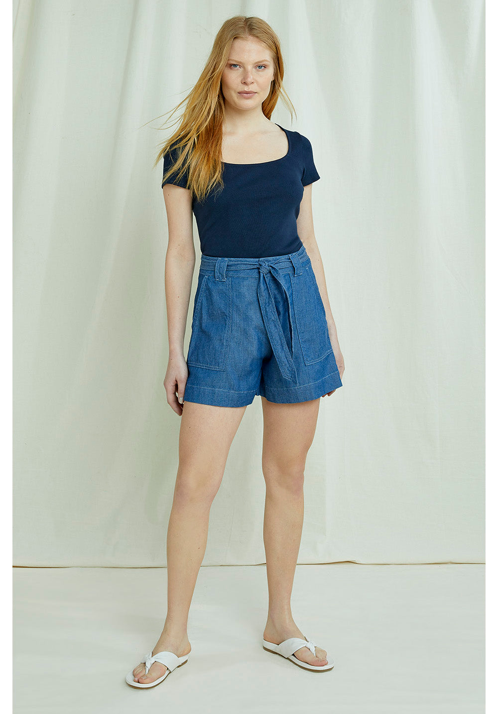 Short léger effet denim bleu en coton bio - Zahara